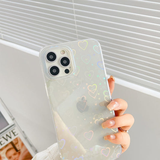 Fashion Gradient Laser Love Heart Pattern Clear Phone Case For iPhone